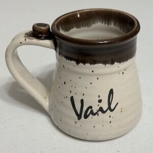 Clay In Mind Vail Souvenir Mug Speckled Stoneware Drip Glaze Brown Cream Vintage
